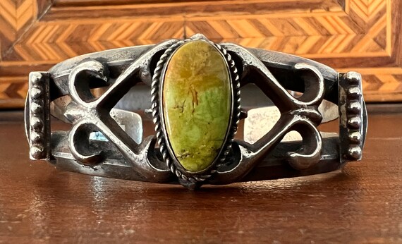 1940s Navajo Sand Cast Green Turquoise Cuff Bracelet