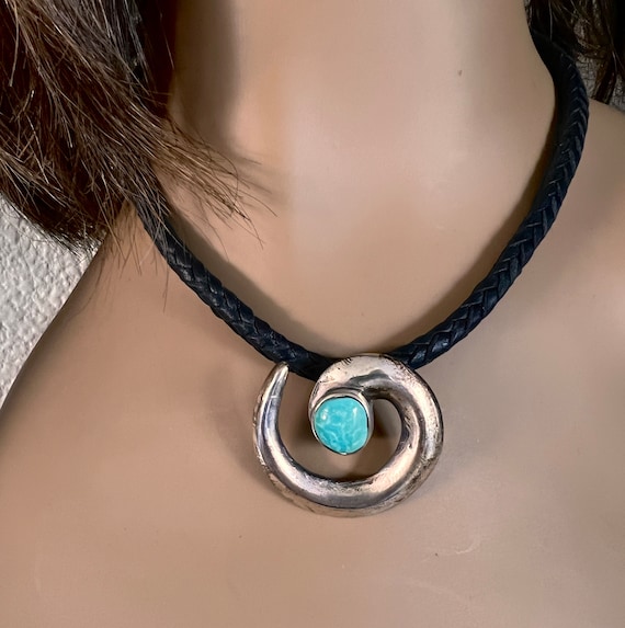 Zuni Infinity Circle of Life Silver and Turquoise Pendant on Braided Leather Necklace