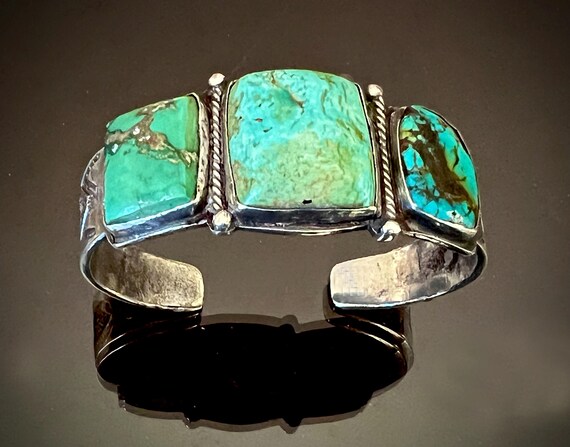 Early 3 Stone Turquoise Navajo Ingot Silver Cuff Bracelet Sz 7