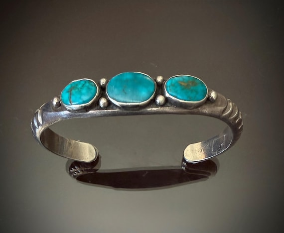 Navajo Flat Top Blue Gem Turquoise Silver Bangle Bracelet - Size 6 5/8
