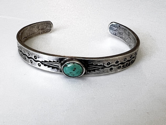Narrow Ingot Silver Navajo Cuff Bracelet with Turquoise c 1910-20, Size 6 3/8