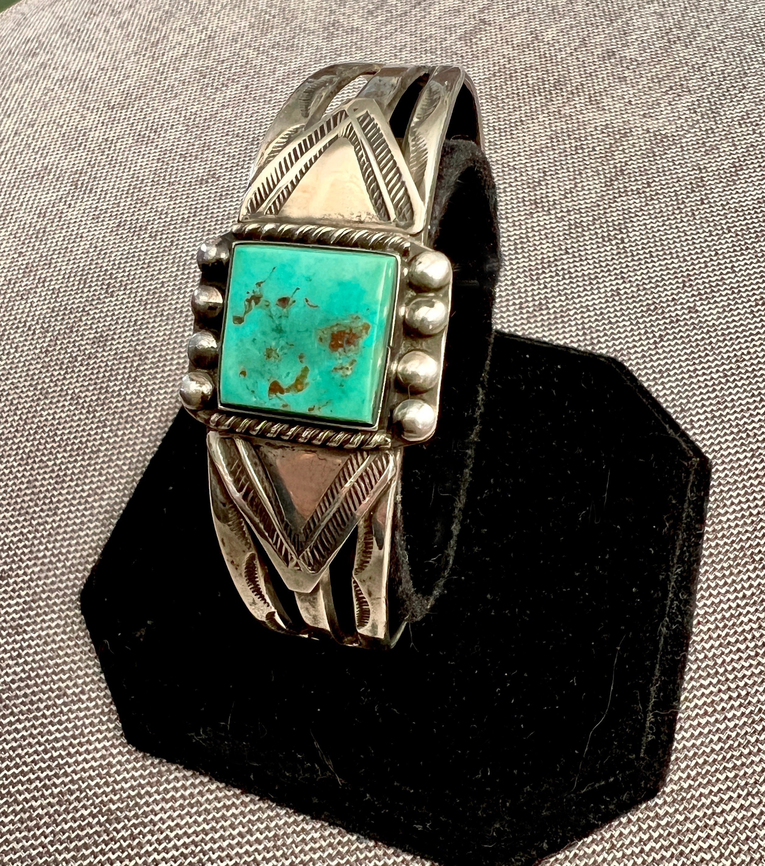 1940s Square Turquoise Silver Bracelet-