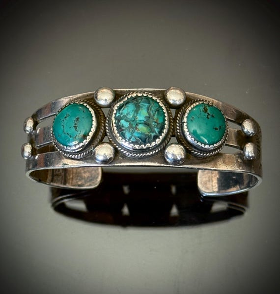 Early 20th Century Navajo Silver Ingot Split Band Bracelet w Turquoise, Size 6 5/8
