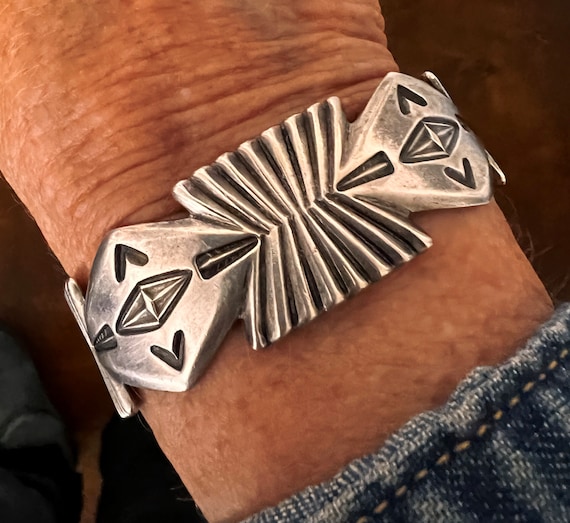 Native American Sterling Silver Geometric Cuff Bracelet Size 7