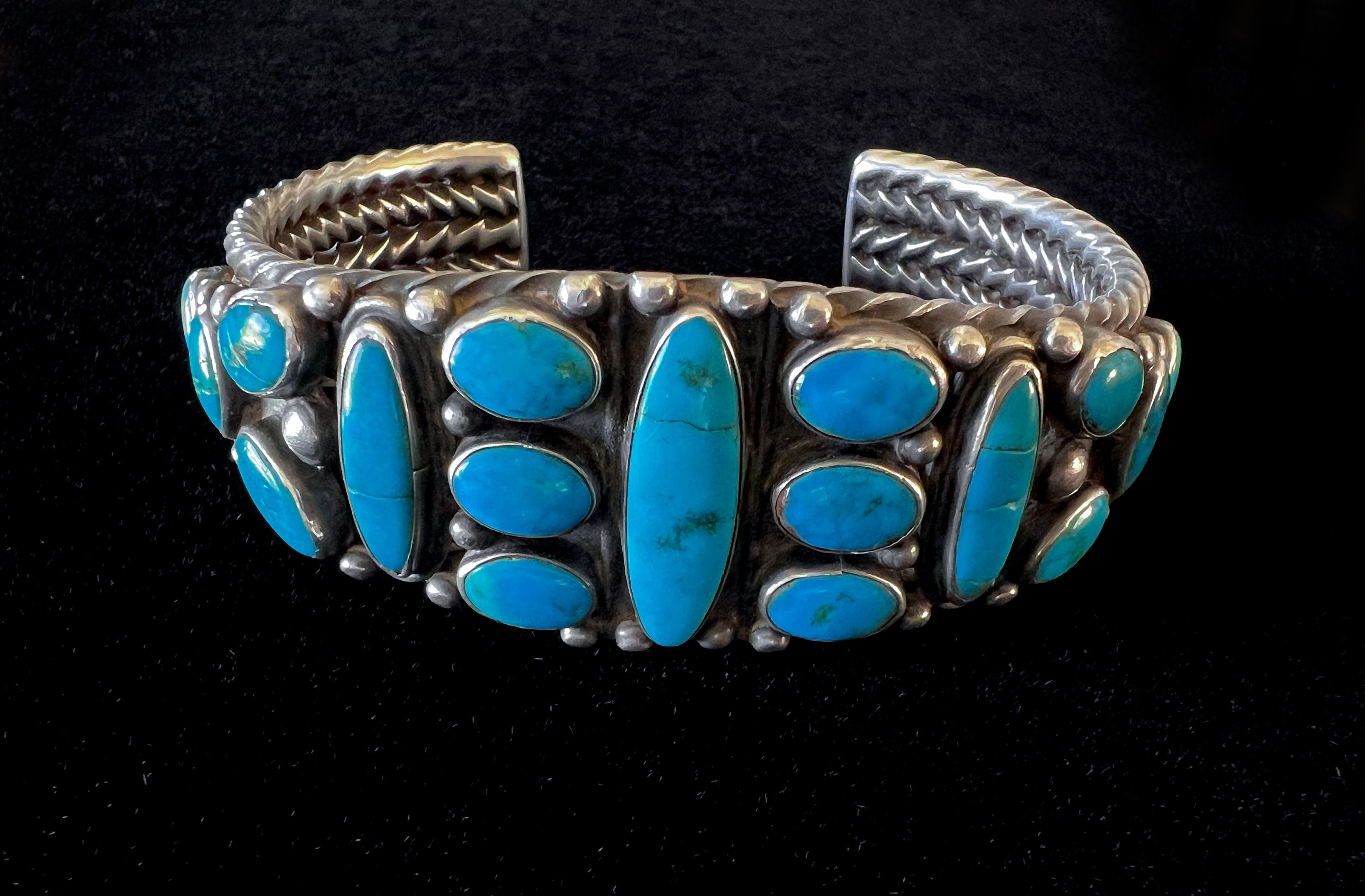 Early 1900's Vintage Navajo 'Turquoise Terminal Channel' Native American Jewelry Silver Bracelet Early 1900's Vintage Navajo 'Turquoise Terminal Channel' Native American Jewelry Silver Bracelet