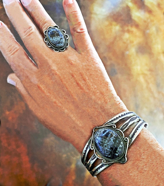 Navajo Silver and Agate Cuff Bracelet and Ring Set