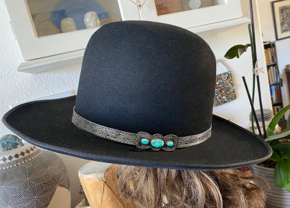 Vintage Black Beaver Felt Hat with Silver and Turquoise Navajo Hat Band