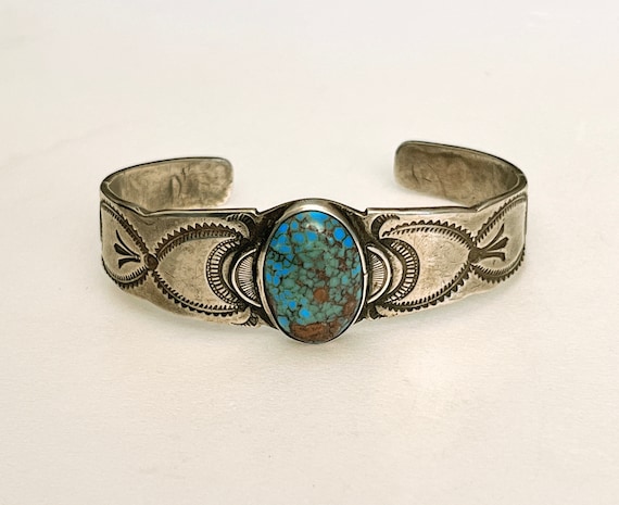 Finely Stamped Vintage Navajo Cuff Bracelet With Spiderweb Turquoise