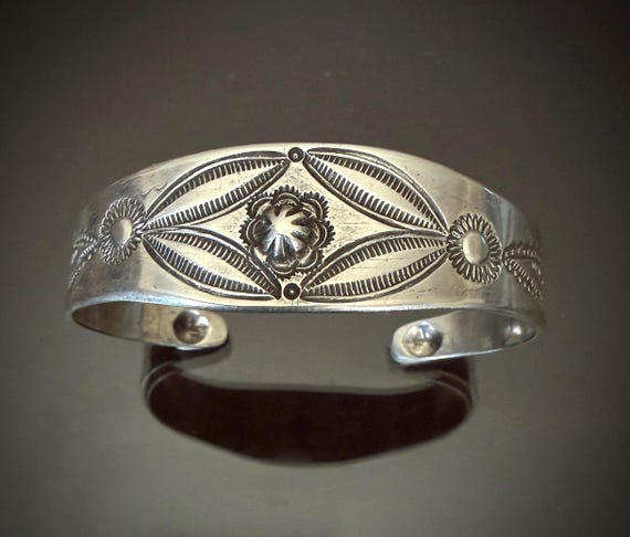 Navajo Ingot Silver Bracelet with Button Repoussé, circa 1910-20, Size 7