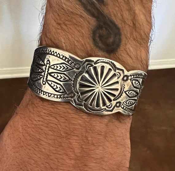 Ingot Silver Navajo Cuff w Chiseled and Stamped Starburst and Dragonfly Motifs Size 6 3/4