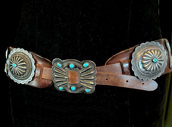 Early 20th Century Navajo Concho Belt w Turquoise