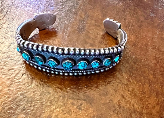 Navajo or Pueblo Ingot Bracelet with Spiderweb Turquoise and Rattlesnake Tail Ends Size 6 5/8