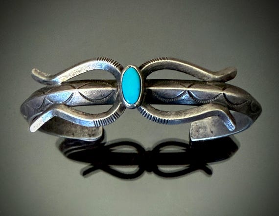 Carinated Silver Cuff w Turquoise and Scroll Overlay Sz 6 5/8