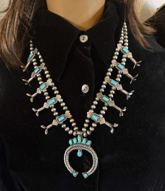 Zuni Box Bow Squash Blossom Necklace with Turquoise 23" Long Circa 1940-50