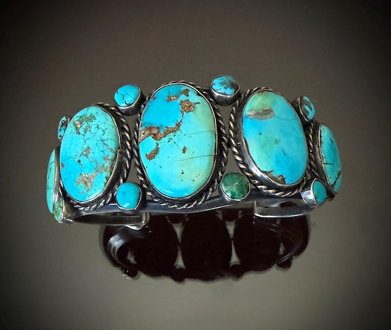 Navajo Cuff with 5 Large Turquoise Cabochons, Size 6 3/4