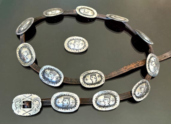 Historic Ingot Silver Indian Head Navajo Concho Belt and Pin, circa 1890-1910