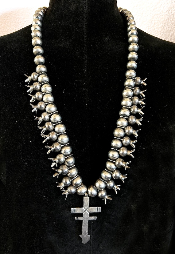 Sterling Silver Dragonfly Cross Squash Blossom Necklace - 31"