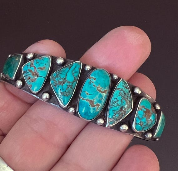 Stunning Early 20th Century Navajo Ingot Silver and Turquoise Bracelet, Size 7