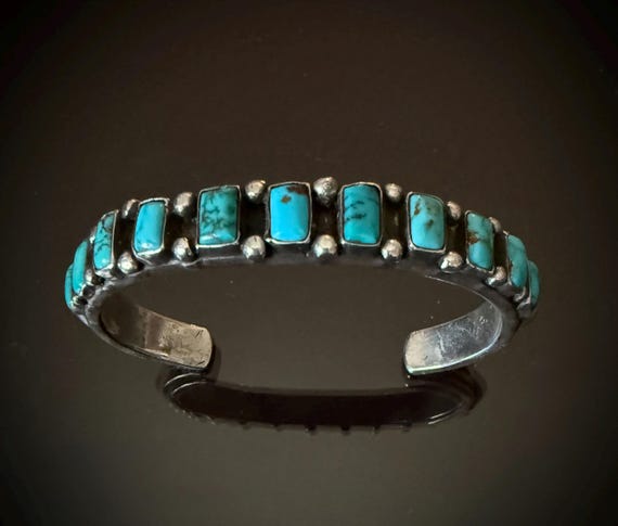 Ingot Silver Navajo Square Stone Turquoise Row Bracelet Circa 1930-40 Size 6 3/4