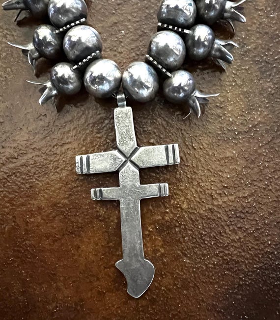Fabulous Sterling Silver Dragonfly Cross Squash Blossom Necklace, 31" long