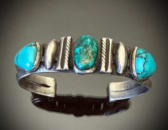 Navajo Double Band Bracelet w 3 Turquoise Cabochons Great Wear! Size 7