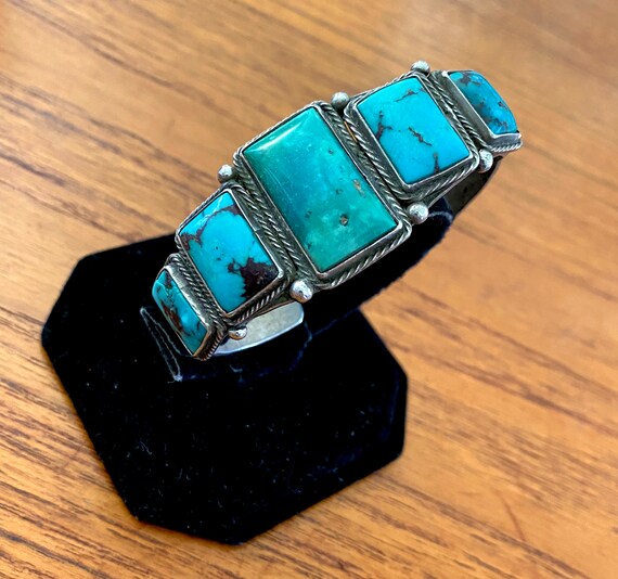 Navajo 5 Stone Turquoise and Ingot Silver Cuff Br… - image 3