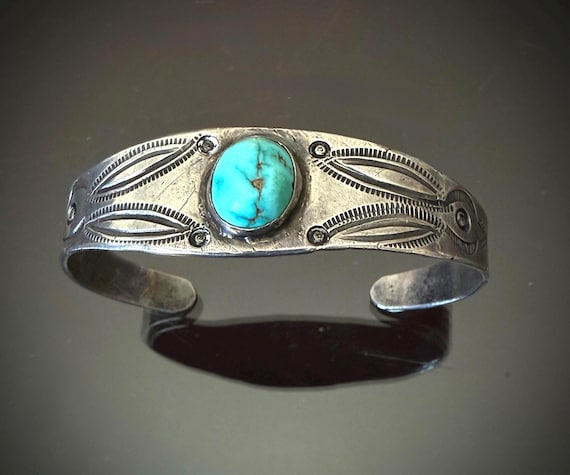 Navajo Ingot Silver and Turquoise Cuff circa 1910, Size 7 1/8