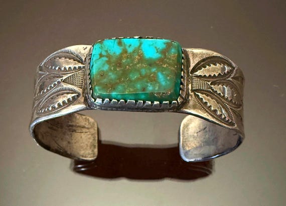 Navajo Deep Stamped Ingot Silver Bracelet w Square Cut Turquoise Stone, Size 6 1/8