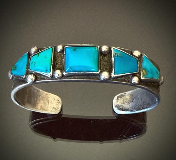 Ingot Silver Navajo Cuff Bracelet w 5 Turquoise Cabochons Size 6 1/2