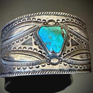 Navajo Ingot Cuff Bracelet with Turquoise, Fine Stamping, and Repoussé Size 6 3/4
