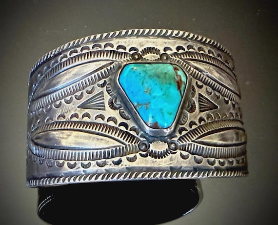 Navajo Ingot Cuff Bracelet with Turquoise, Fine Stamping, and Repoussé Size 6 3/4