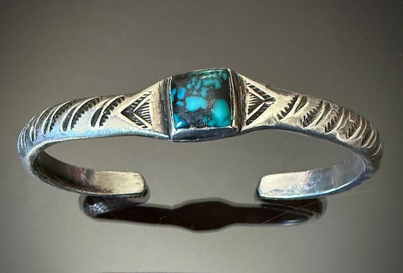 Early Navajo Flat Top Ingot Silver Bangle Bracelet w Turquoise, Size 6 7/8"