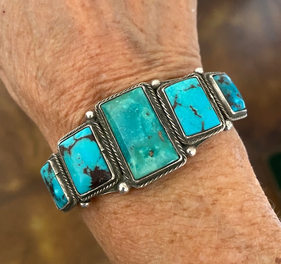 Navajo 5 Stone Turquoise and Ingot Silver Cuff Bracelet