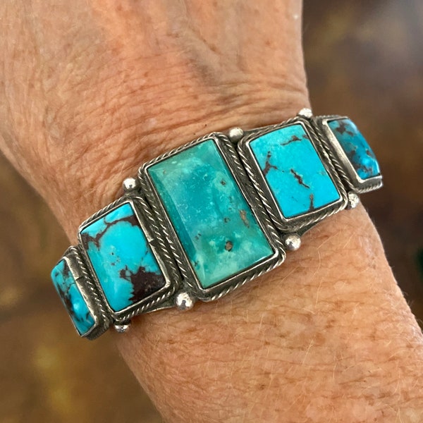 Navajo 5 Stone Turquoise and Ingot Silver Cuff Bracelet