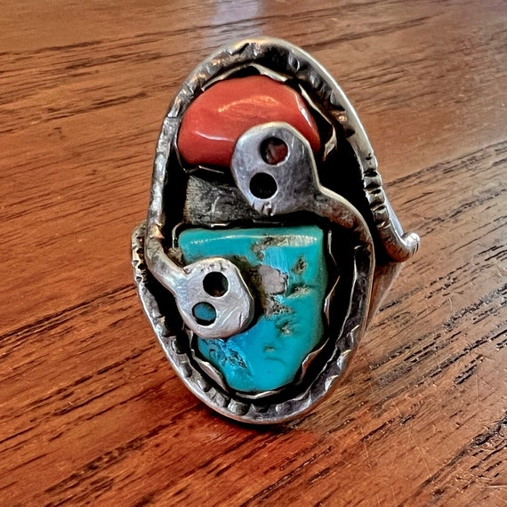 Coral and Turquoise Snake Ring by Zuni Silversmith Effie Calavaza