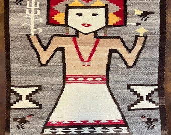 Pictorial Navajo Rug With Single Yei Figure and Birds