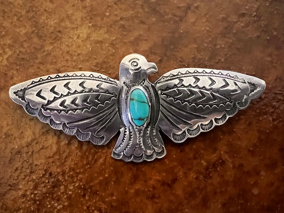 Vintage Hand Stamped Navajo Thunderbird Pin with Turquoise