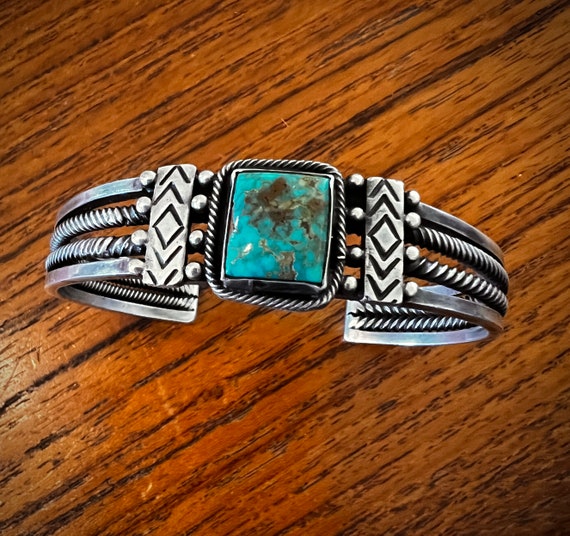 Early Navajo or Pueblo Twisted Wire and Square Cut Turquoise Silver Cuff Bracelet