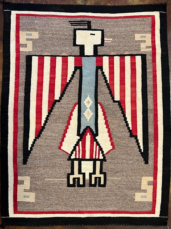 Navajo Pictorial Red White and Blue Eagle / Thunderbird Rug c. 1930, 47" x 36"