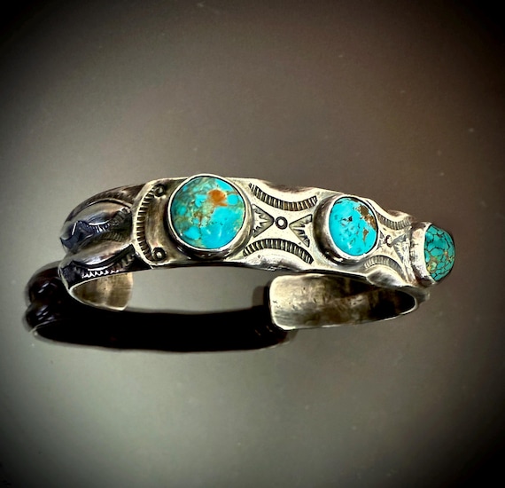 Navajo Ingot Silver Cuff Bracelet w 3 Round Turquoise Cabochons, Size 6 1/2 Circa 1930