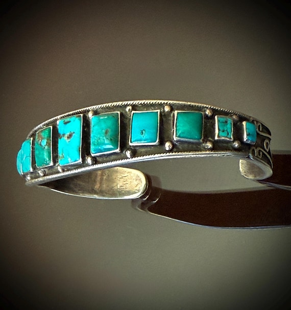 Turquoise Pueblo Bracelet with 11 Square Stones Size 7 1/8