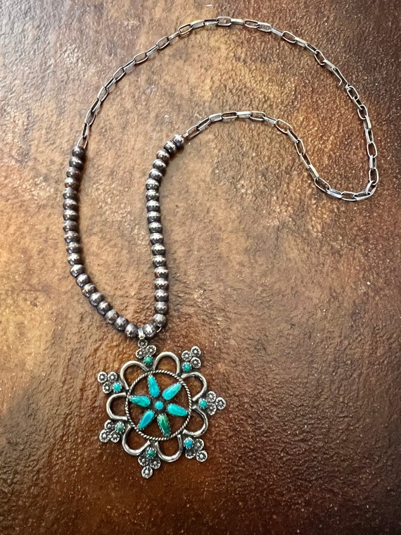 Zuni Turquoise Star Pendant with Silver Beads on Chain