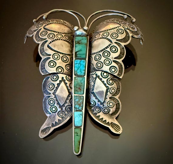 Stamped Silver Butterfly Pin w Turquoise Inlay C. 1940