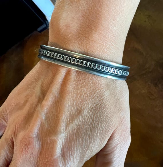 Magnificent 90 Gram Raised Geomtric Native American Sterling Silver Bracelet Magnificent 90 Gram Raised Geomtric Native American Sterling Silver Bracelet