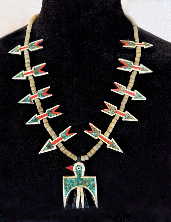 Santo Domingo Depression Era Thunderbird Necklace w Arrows, Circa 1930-40, Length 24”