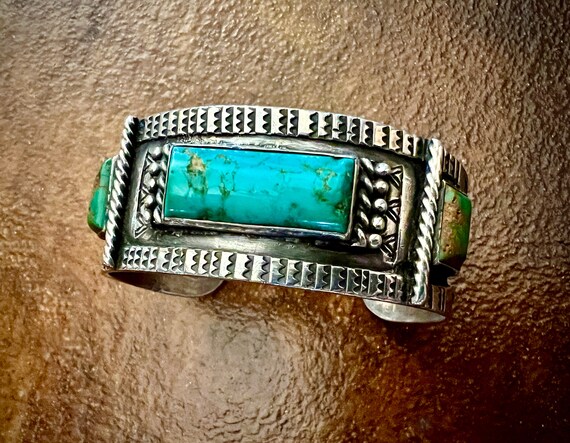Early 1900's Vintage Native American Navajo Serrated Ingot Silver Turquoise Bracelet Old Early 1900's Vintage Native American Navajo Serrated Ingot Silver Turquoise Bracelet Old