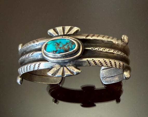 Early 20th Century Ingot Silver and Turquoise Navajo Bracelet Size 7