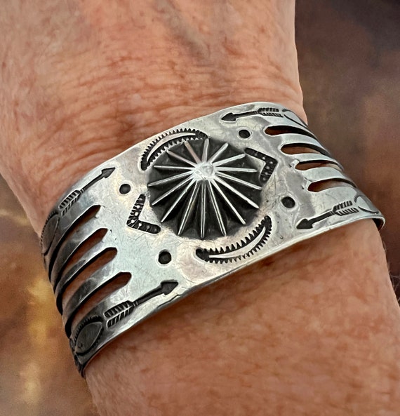 Wide Fred Harvey Silver Navajo Cuff Bracelet with Repousse