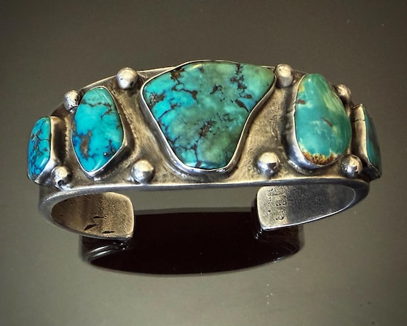 Navajo Ingot Silver and Turquoise Cuff Bracelet Size 6 3/4"