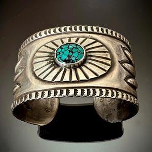 Heavy Ingot Silver Navajo Cuff Bracelet with Turquoise c.1900, Size 7